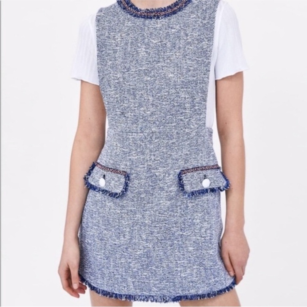 Zara Blue Tweed Texturized Weave Dress with Buttons US S